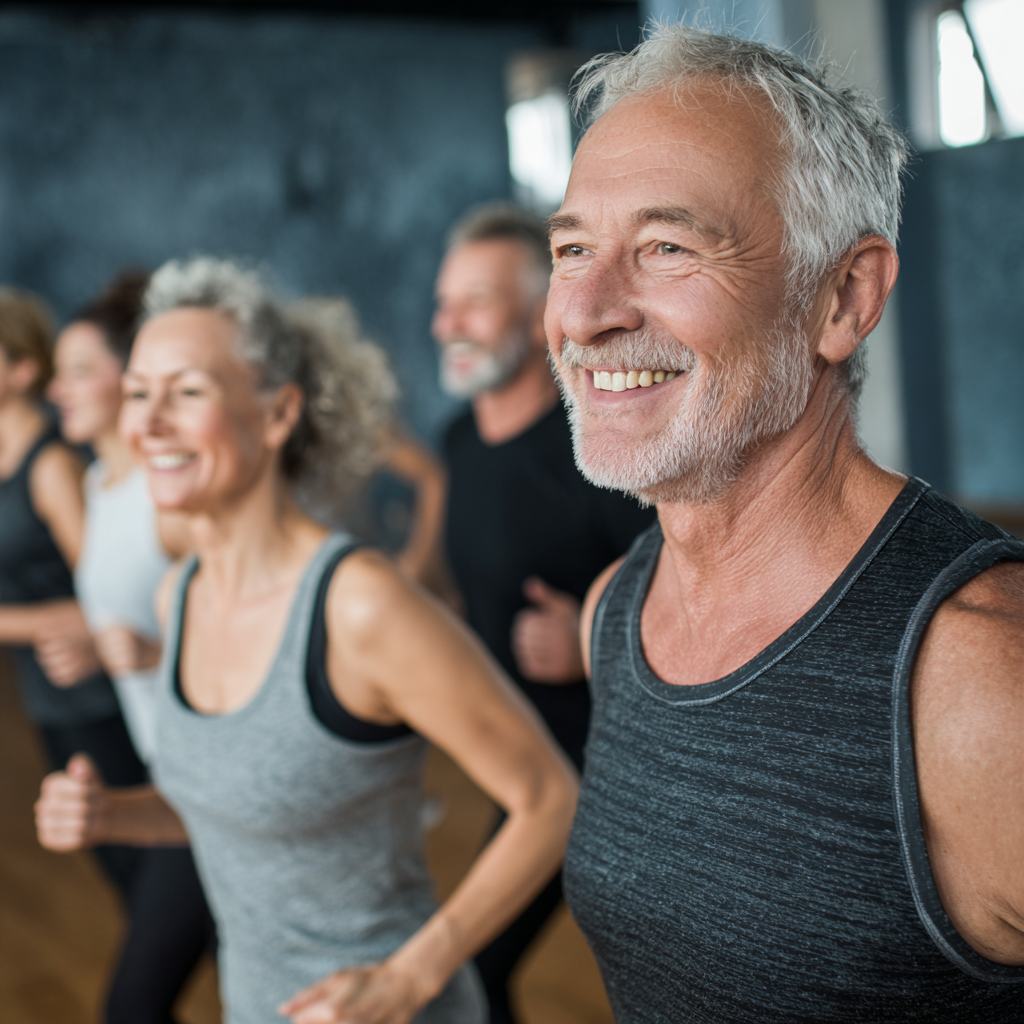 Mature adults engaged in group fitness training session showing positive results