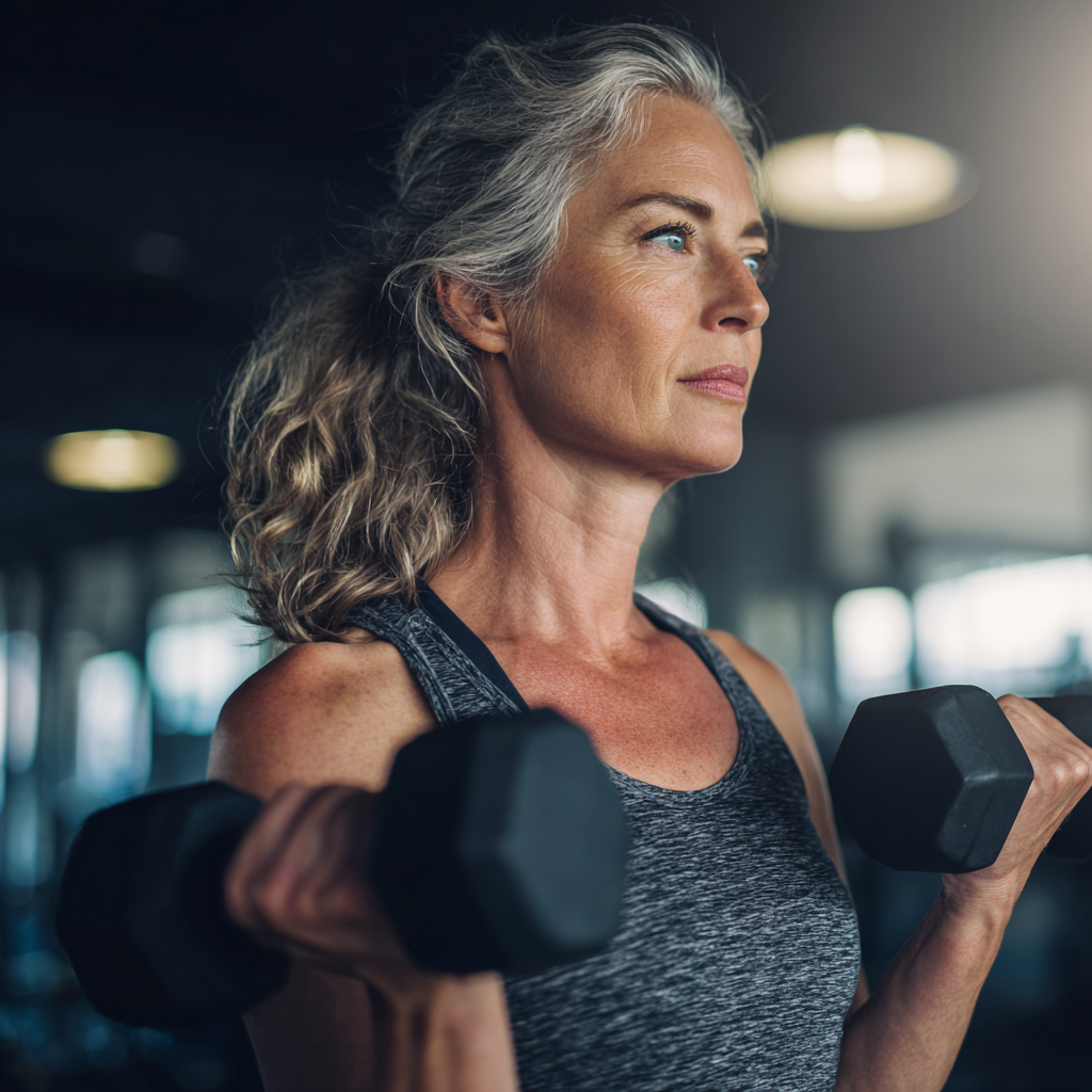 Middle aged woman exercising with weights in modern fitness environment